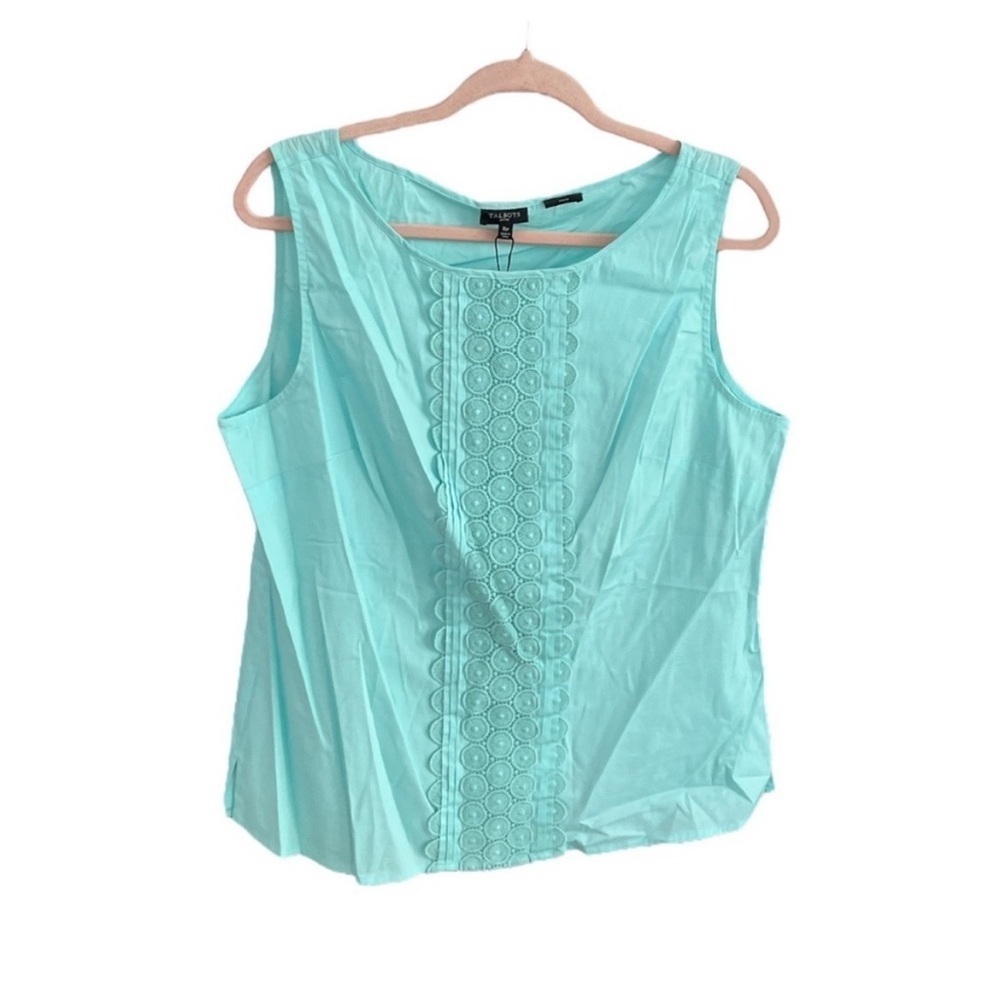 NWT Talbots Petites Embroidered Medallion Sleeveless Blouse | Aqua Blue 16P